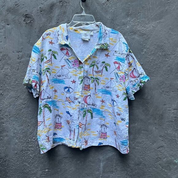 VINTAGE 1990s HOT COTTON PETITE MARC WARE RETRO BEACH SEASCAPE HAWAIIAN SHIRT MP - Picture 2 of 12